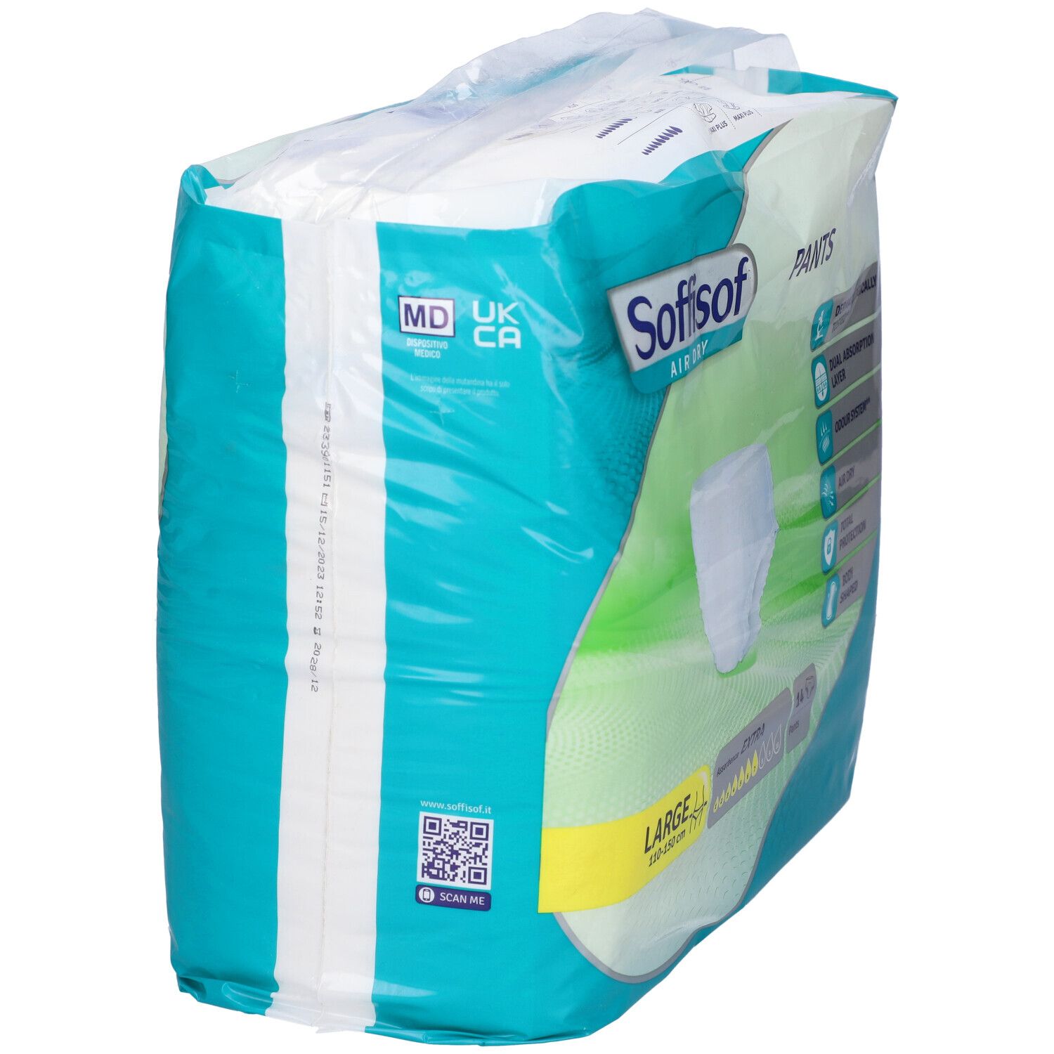 Verpackung von Pants. Marke Soffisof Air Dry. Größe MD. Mit QR-Code. UK/CA. Auf der Seite sind Informationen abgebildet.