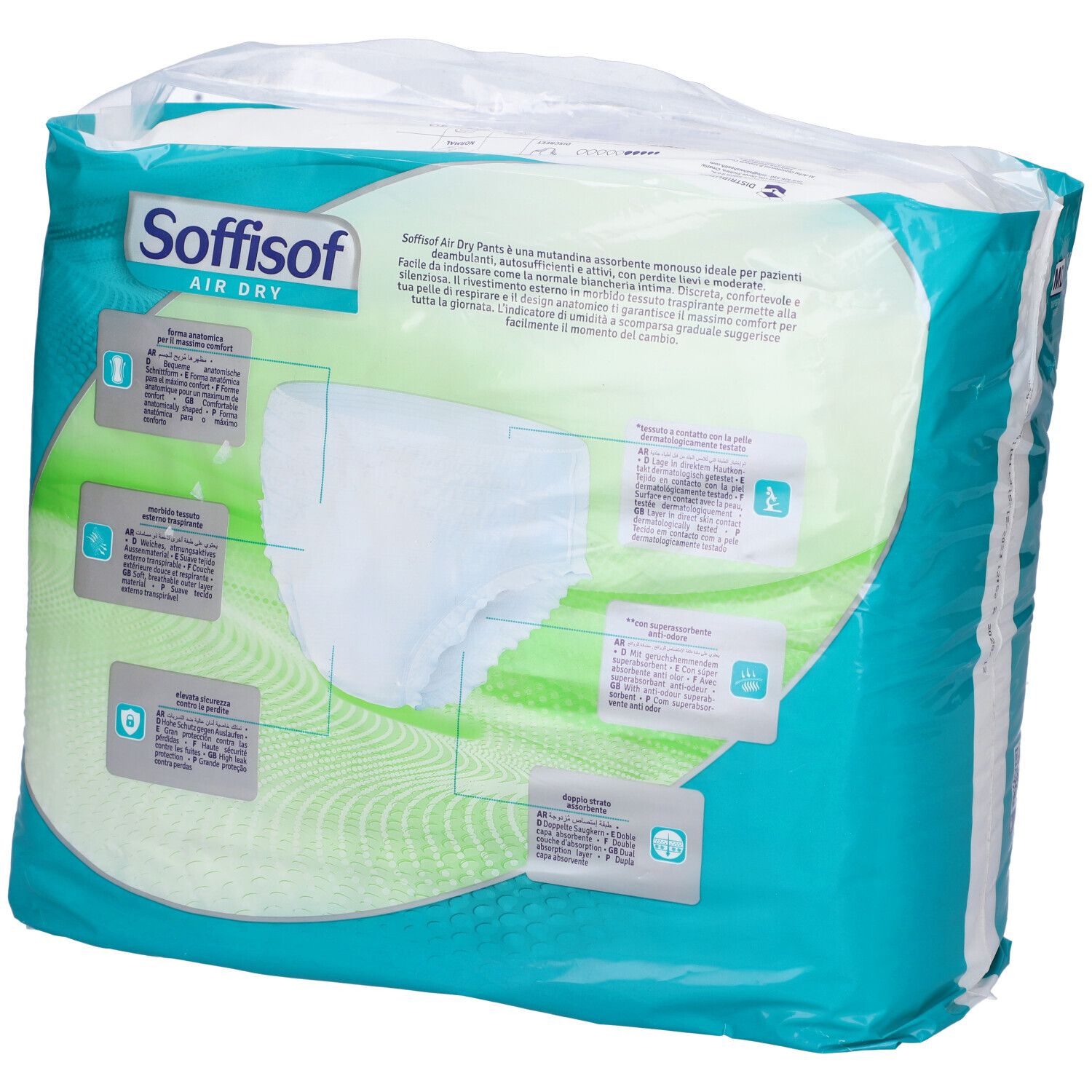 Verpackung von Pants. Marke Soffisof Air Dry. Informationen und Piktogramme auf der Rückseite. Produktbeschreibung.