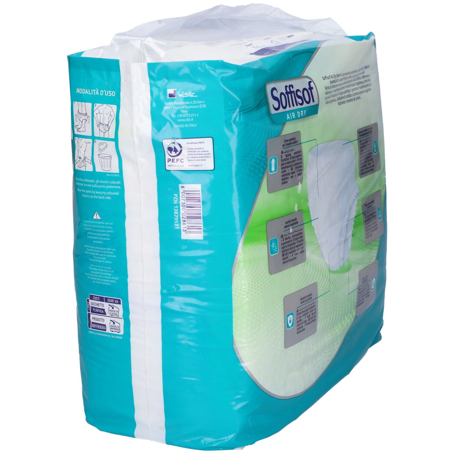 Verpackung von Pants. Marke Soffisof Air Dry. Informationen und Piktogramme auf der Rückseite. Produktbeschreibung.