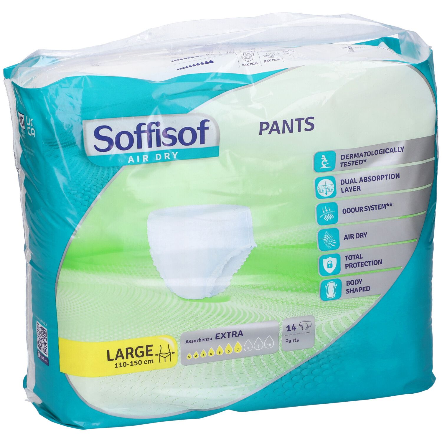 Verpackung von Pants. Marke Soffisof Air Dry. Größe L, 110-150 cm. 14 Stück. Extra Saugfähigkeit. Dermatologisch getestet.