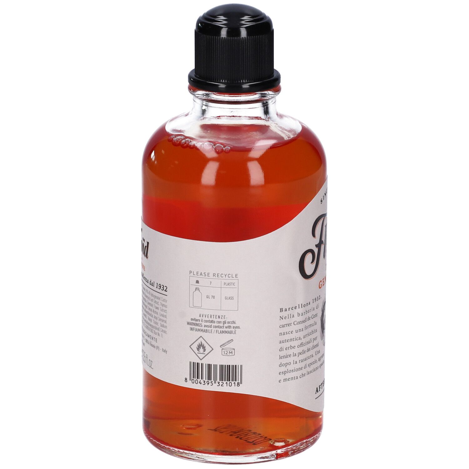 Glasflasche mit schwarzem Verschluss, gefüllt mit orangeroter Flüssigkeit. Etikett mit Produktinformationen und Recycling-Symbolen.