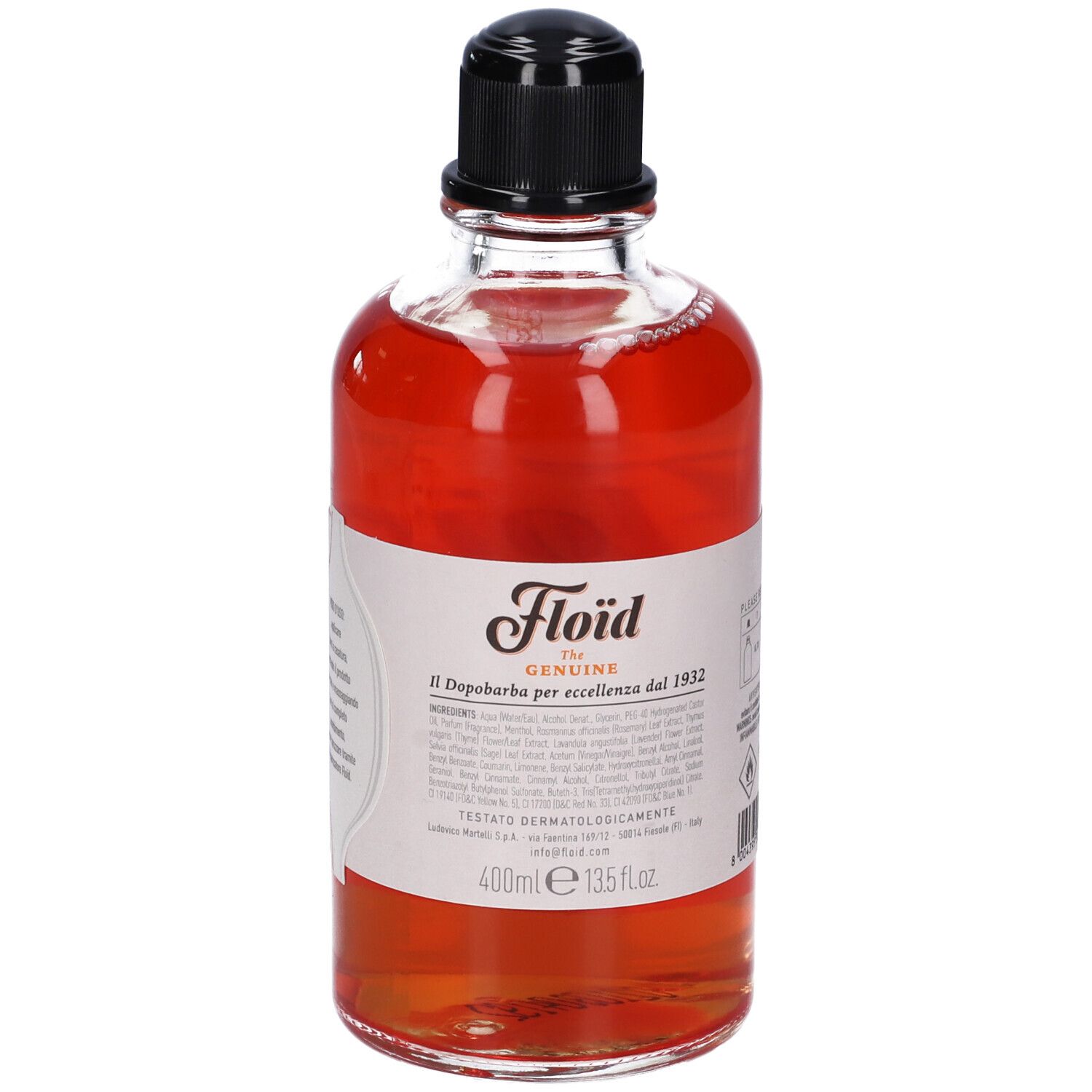 Floïd The Genuine Flasche mit roter Flüssigkeit und schwarzem Deckel. Enthält 400ml.