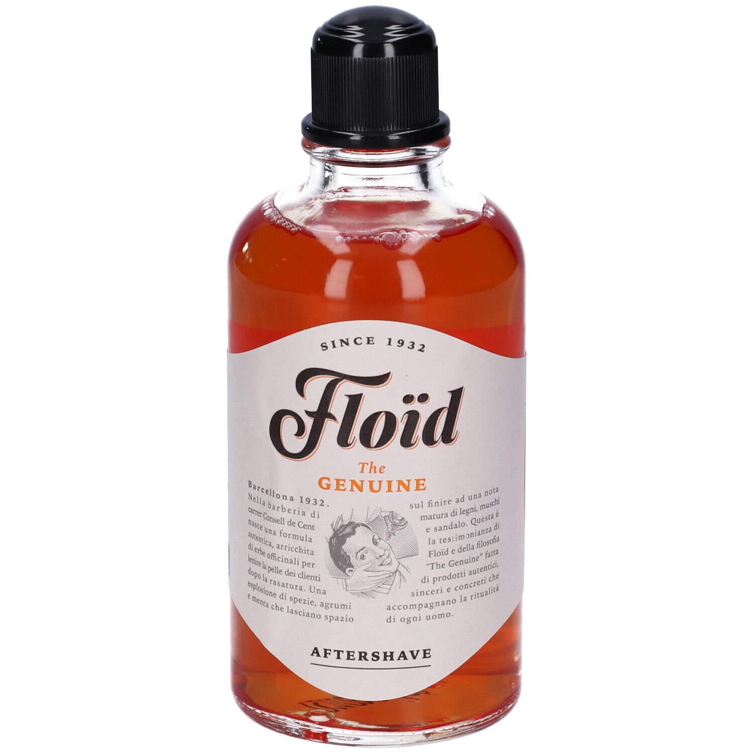 Glasflasche mit schwarzem Schraubverschluss, gefüllt mit orangeroter Flüssigkeit.