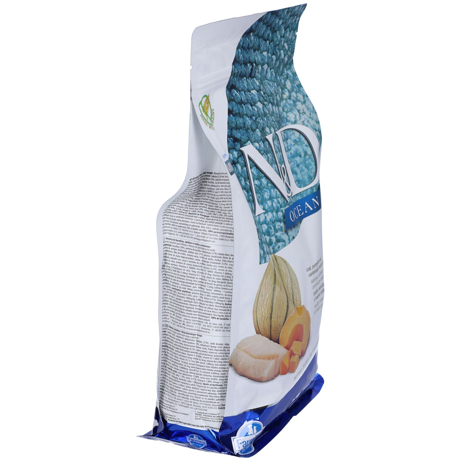 Seitenansicht der N&D Ocean Hundefutter-Verpackung. Text und Illustrationen von Kürbis und Cantaloupe-Melone.