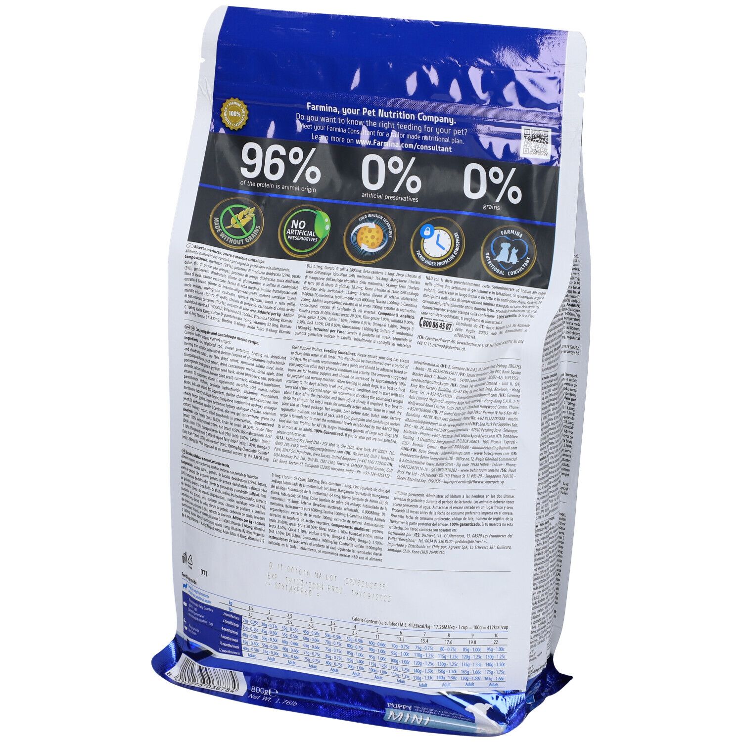 Rückseite der N&D Ocean Hundefutter-Verpackung. Text mit Produktinformationen und Nährwertangaben.