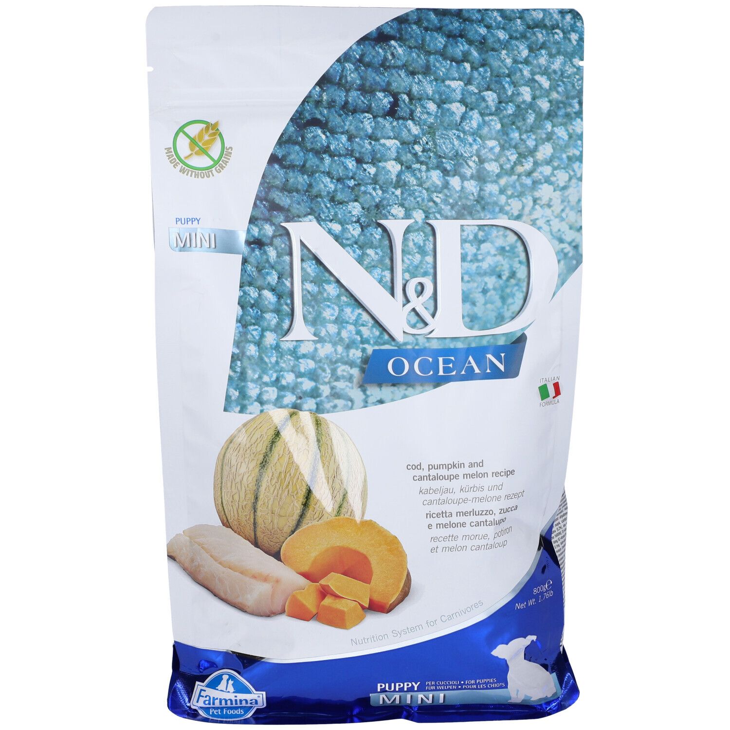 N&D Ocean Hundefutter-Verpackung. Abbildung von Kürbis, Cantaloupe-Melone und Kabeljau. Text: Puppy Mini.