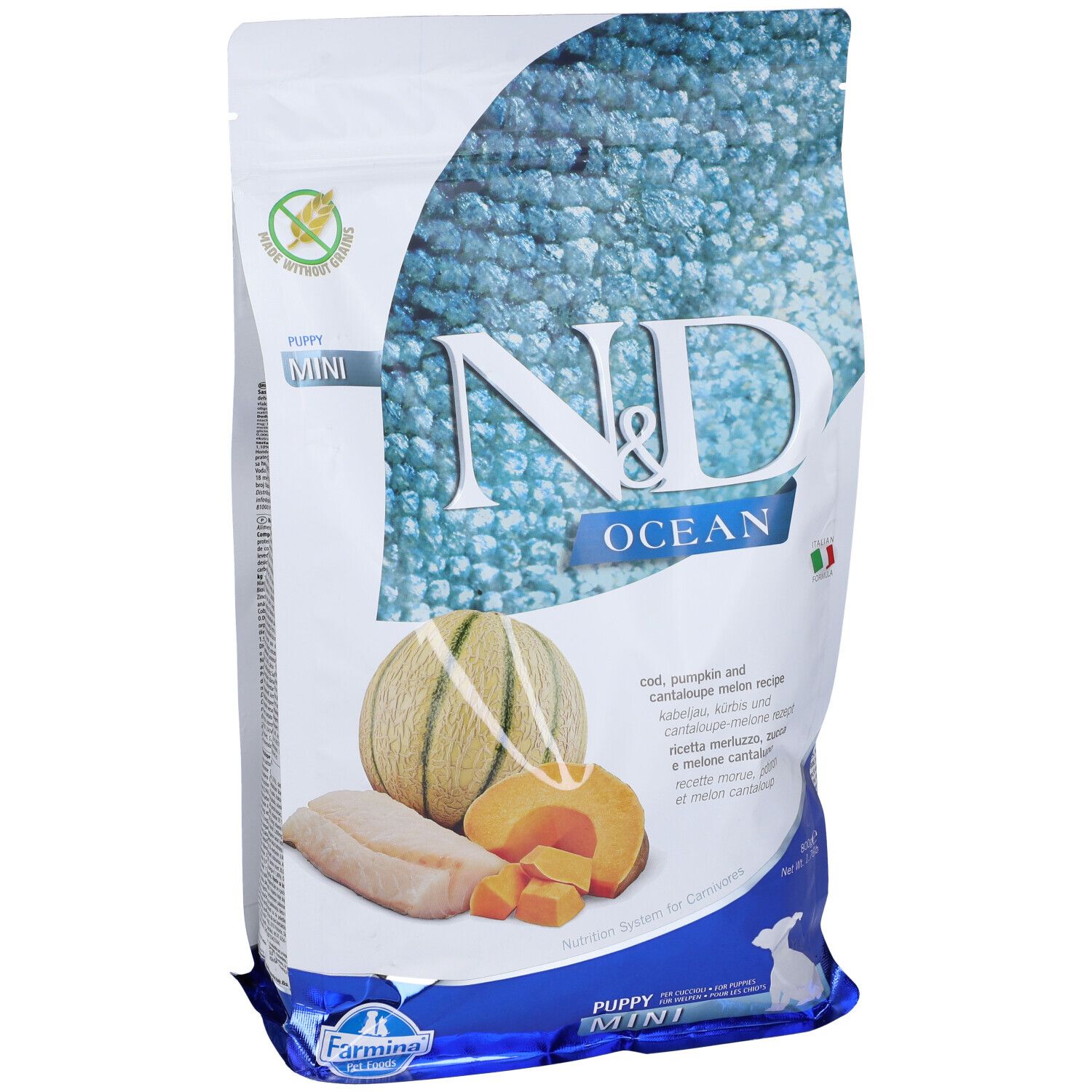 N&D Ocean Hundefutter-Verpackung. Abbildung von Kürbis, Cantaloupe-Melone und Kabeljau. Text: Puppy Mini.