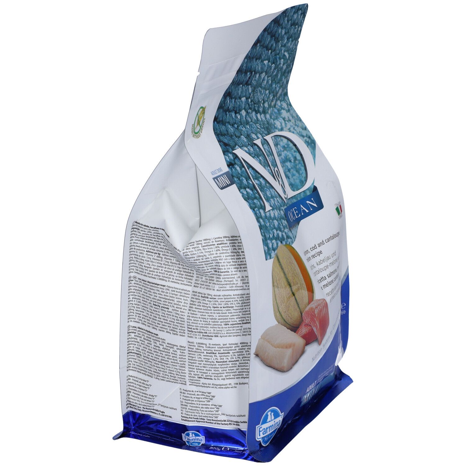 Trockenfutter-Beutel, seitliche Ansicht. Aufdruck: N&D Ocean, Lachs, Kabeljau, Melone. Text und Abbildungen von Zutaten.