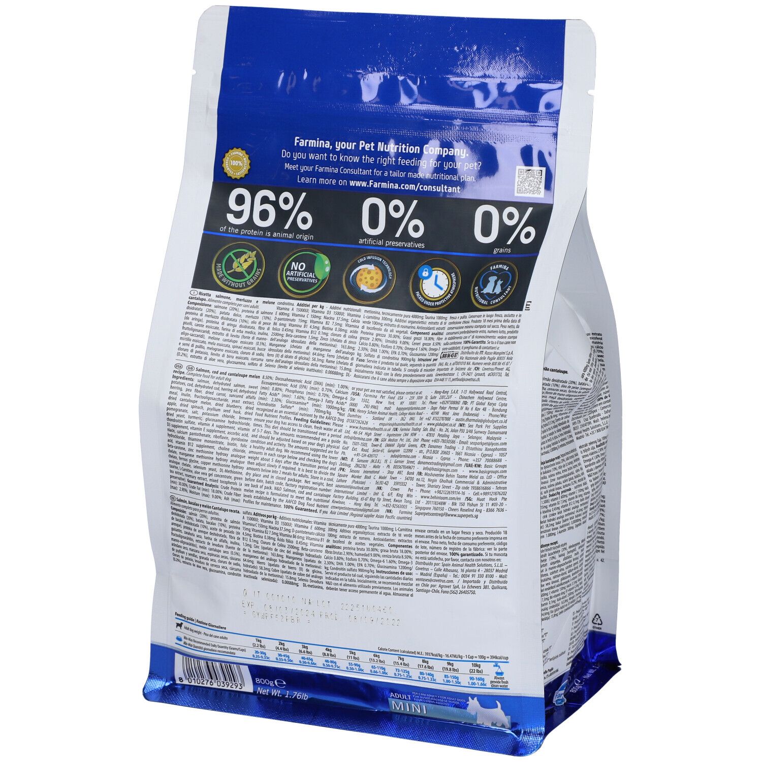 Rückseite des Trockenfutter-Beutels. Text: 96% tierische Proteine, 0% Getreide, 0% künstliche Konservierungsstoffe. Farmina Logo.
