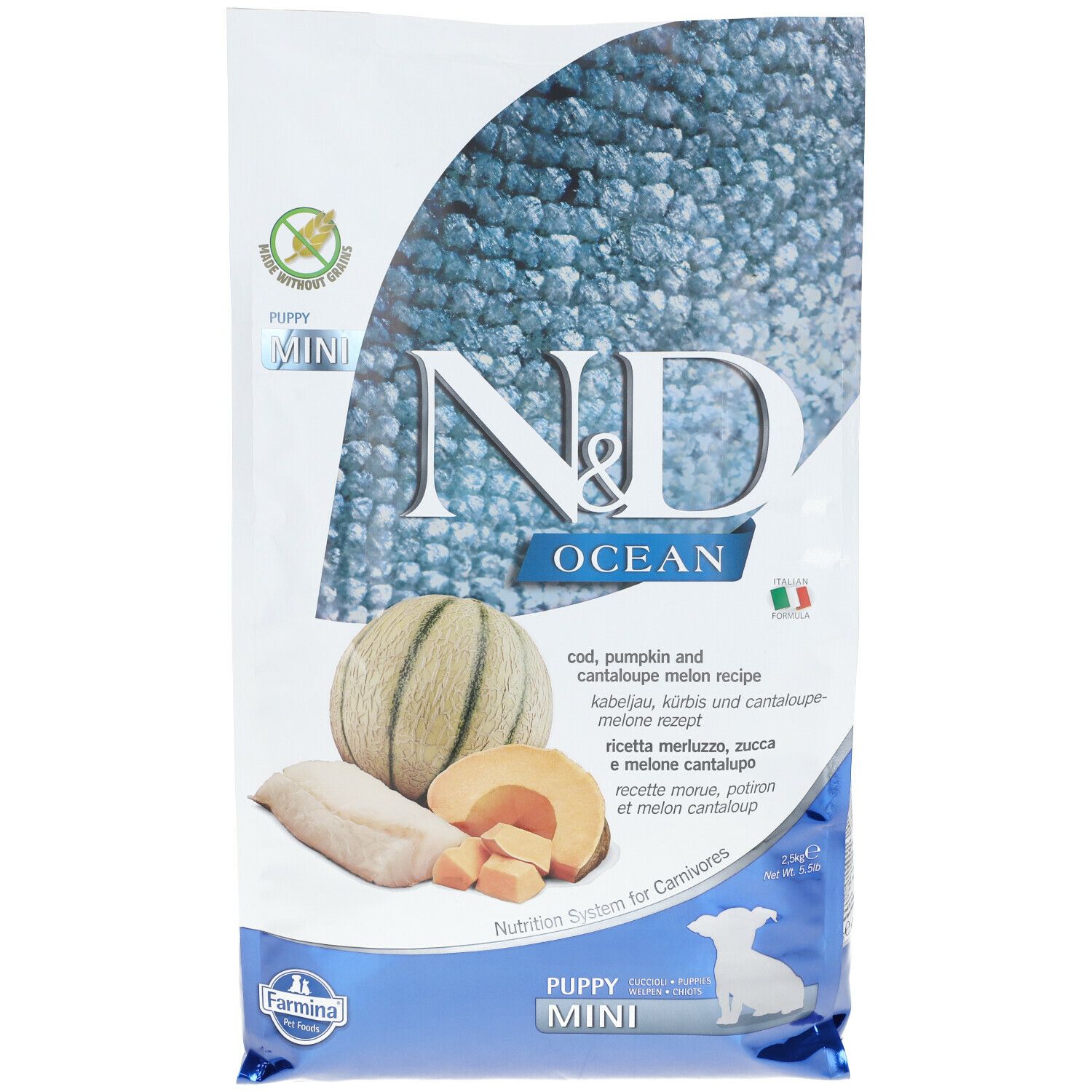 Farmina N&D Ocean Hundewelpen Mini. Beutel mit Logo, Text und Abbildungen von Melone, Kürbis und Fisch. Mini-Format.