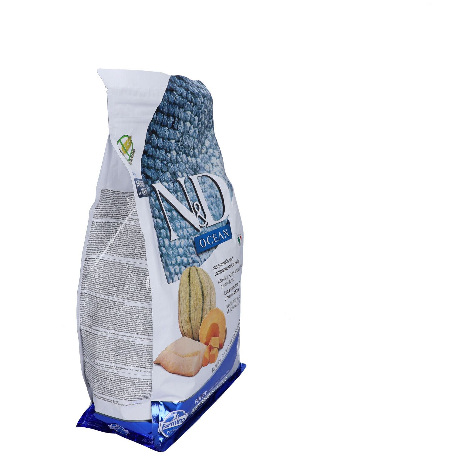 Trockenfutter-Verpackung, Marke N&D Ocean. Abbildung von Kürbis und Melone. Fischschuppen-Muster.