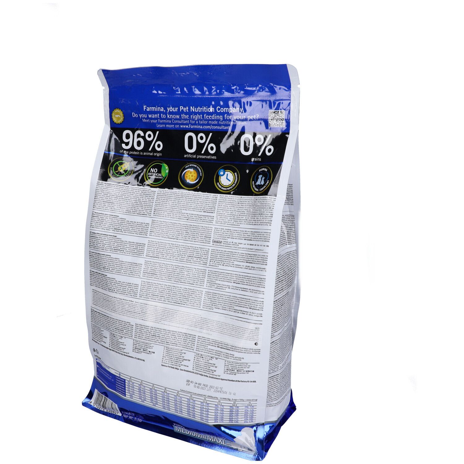 Rückseite der Trockenfutter-Verpackung. Text: 96% tierischen Ursprungs, 0% Getreide, 0% künstliche Konservierungsstoffe.