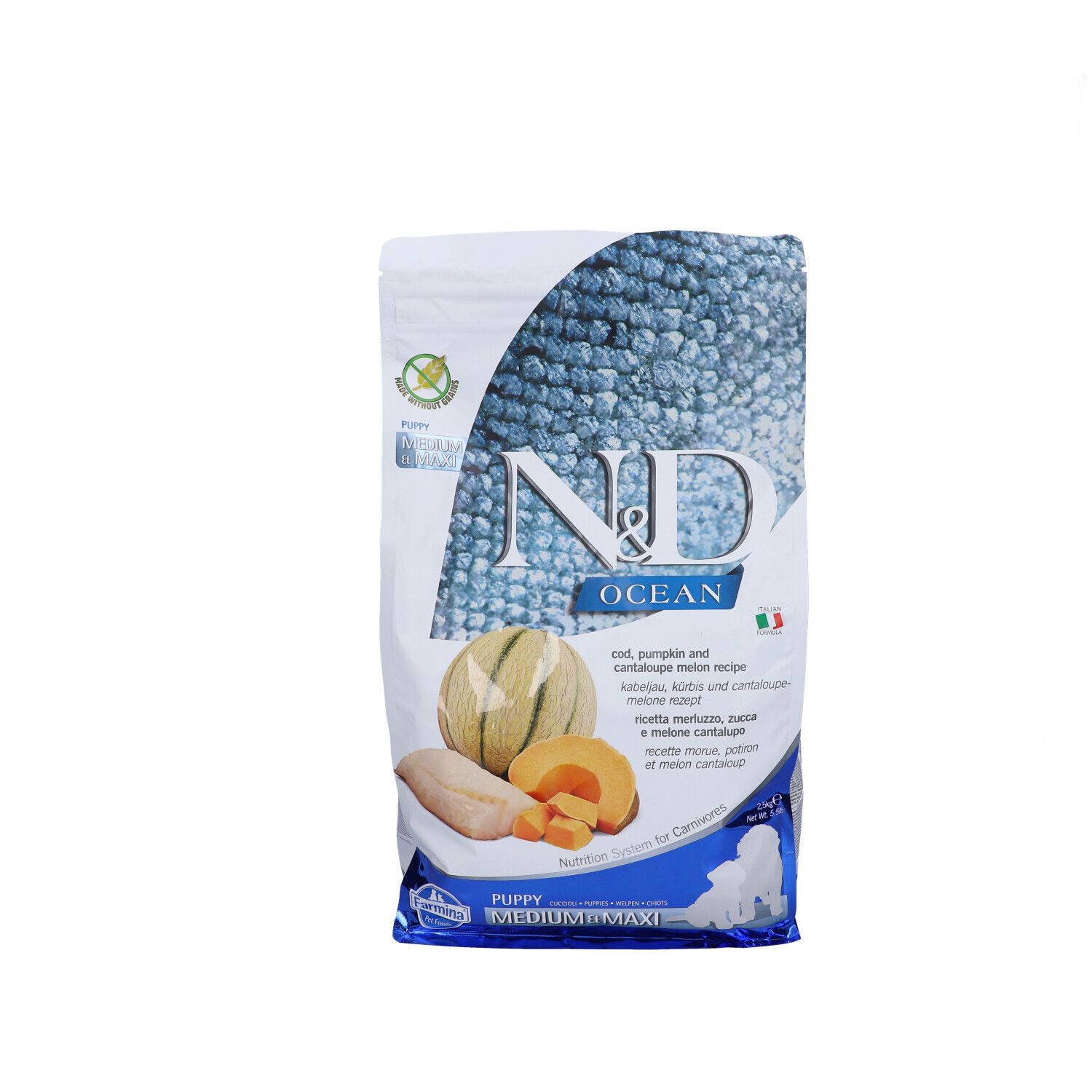 Trockenfutter-Verpackung, Marke N&D Ocean. Abbildung von Kürbis, Melone und Fisch. Text: Puppy Medium Maxi.