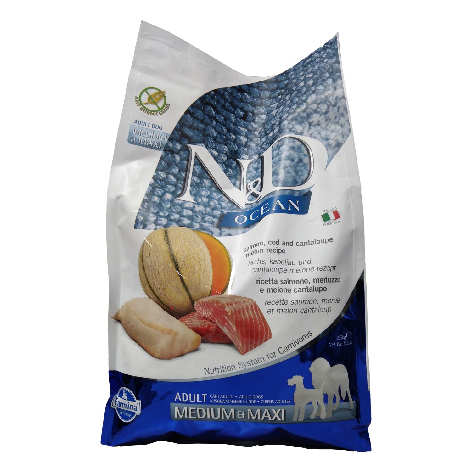 Beutel Trockenfutter. N&D Ocean, Adult Medium Maxi. Abbildung von Melone, Fisch und Produktlogo. Mit italienischer Flagge.