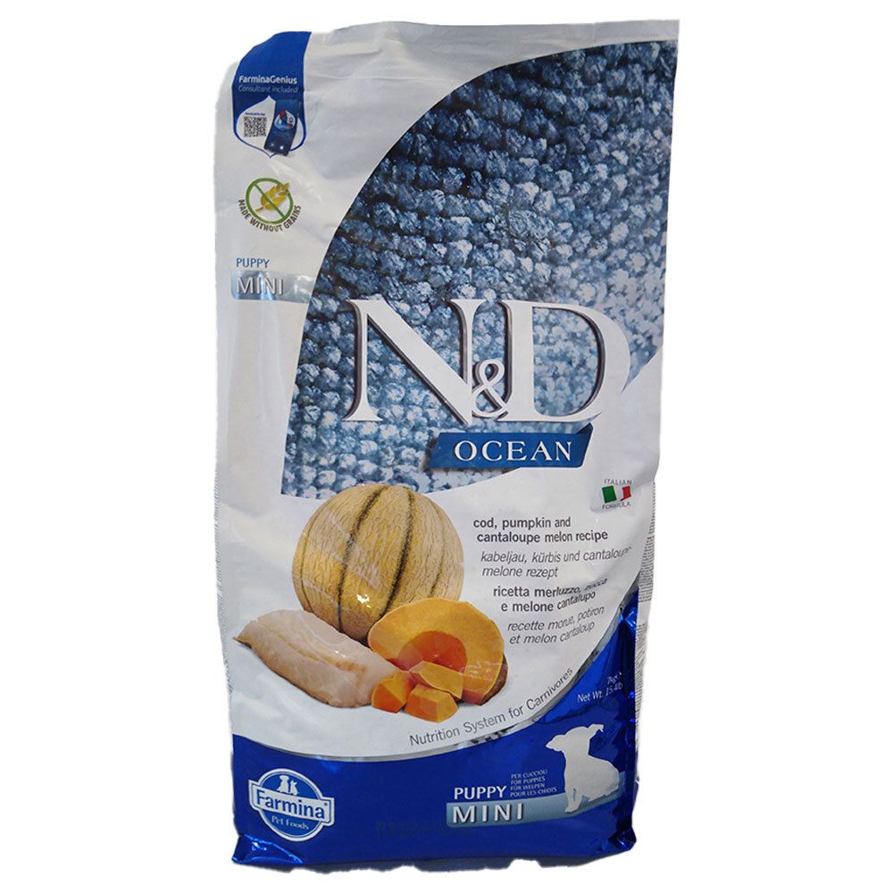 Farmina N&D Ocean Hundewelpen Mini. Beutel mit Fisch, Kürbis und Melone. Produktabbildung mit Text und Illustrationen.