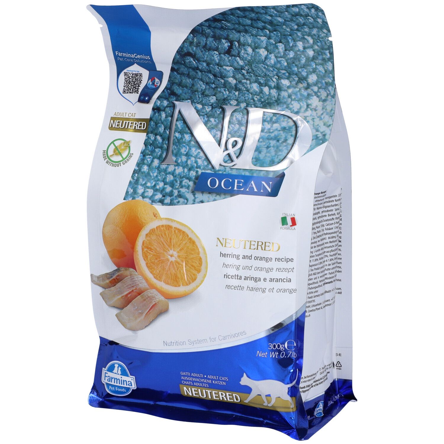 Verpackung Trockenfutter Farmina N&D Ocean. Abbildung von Orange und Hering. Text: NEUTERED, 300g, Farmina.