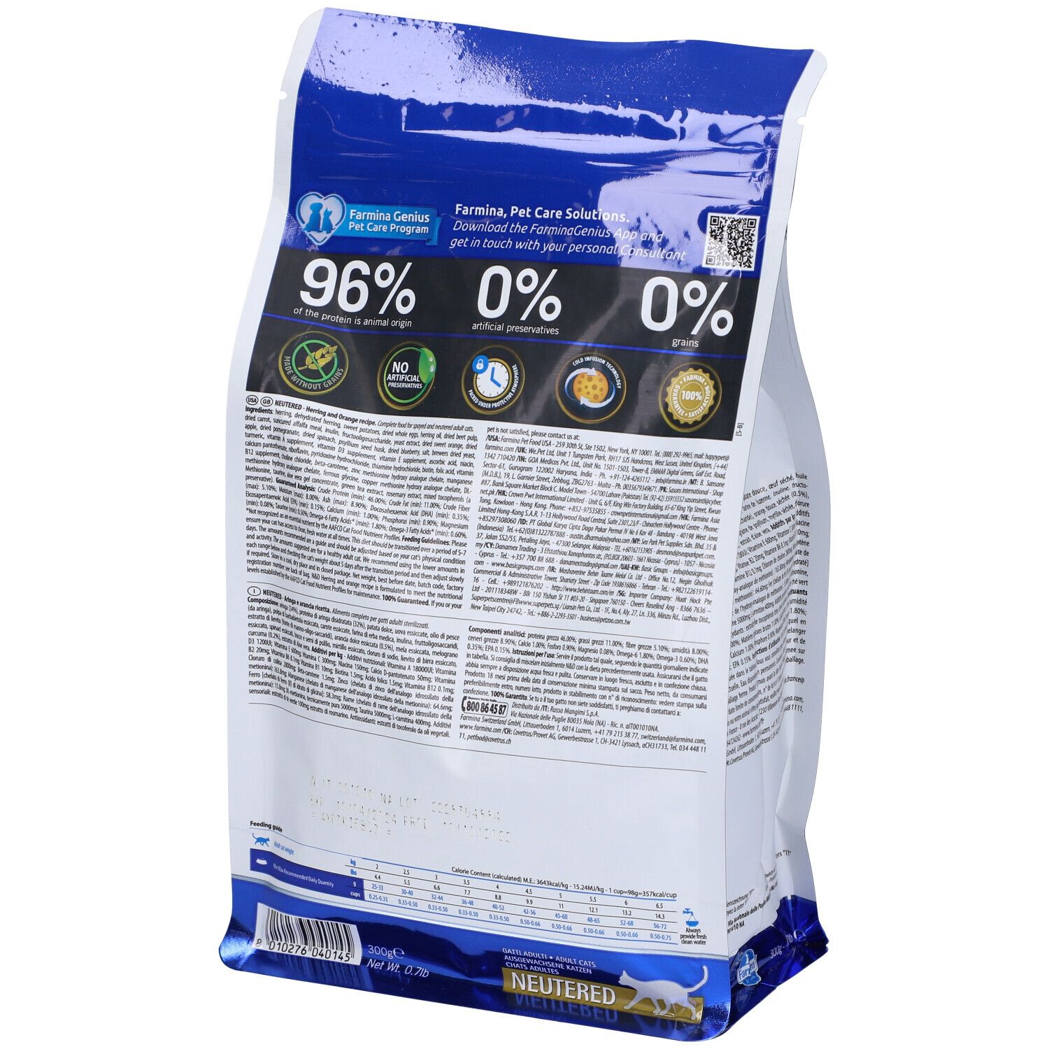 Rückseite der Verpackung Trockenfutter Farmina N&D Ocean. Text und Grafiken. Text: Farmina, 96% tierischen Ursprungs.