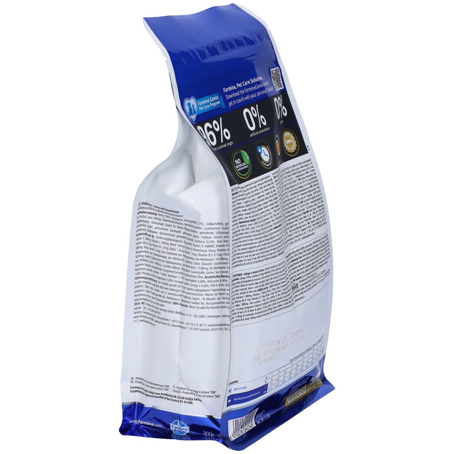 Seitenansicht der Verpackung Trockenfutter Farmina N&D Ocean. Text und Grafiken. Text: Farmina, 96% tierischen Ursprungs.