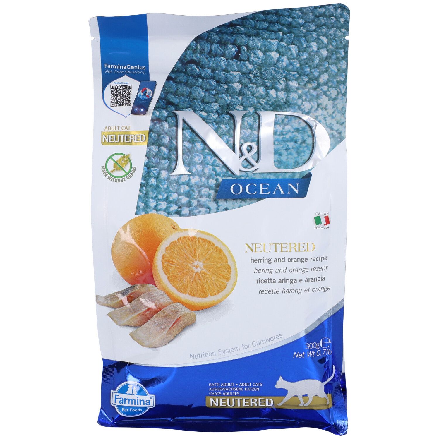 Vorderansicht der Verpackung Trockenfutter Farmina N&D Ocean. Abbildung von Orange und Hering. Text: NEUTERED, 300g, Farmina.