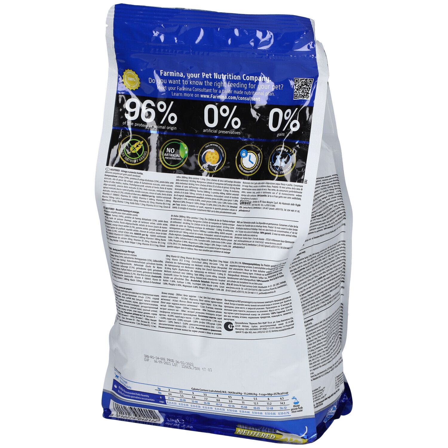 Rückseite der Trockenfutterverpackung. Text mit Nährwertangaben und Logos. 96% tierischen Ursprungs.