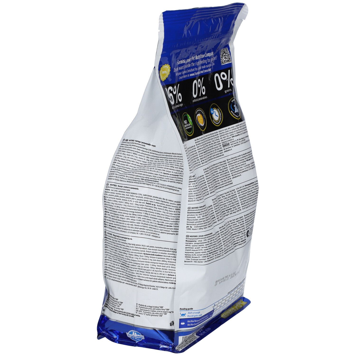 Seitenansicht der Rückseite der Trockenfutterverpackung. Text und Logos. 96% tierischen Ursprungs.