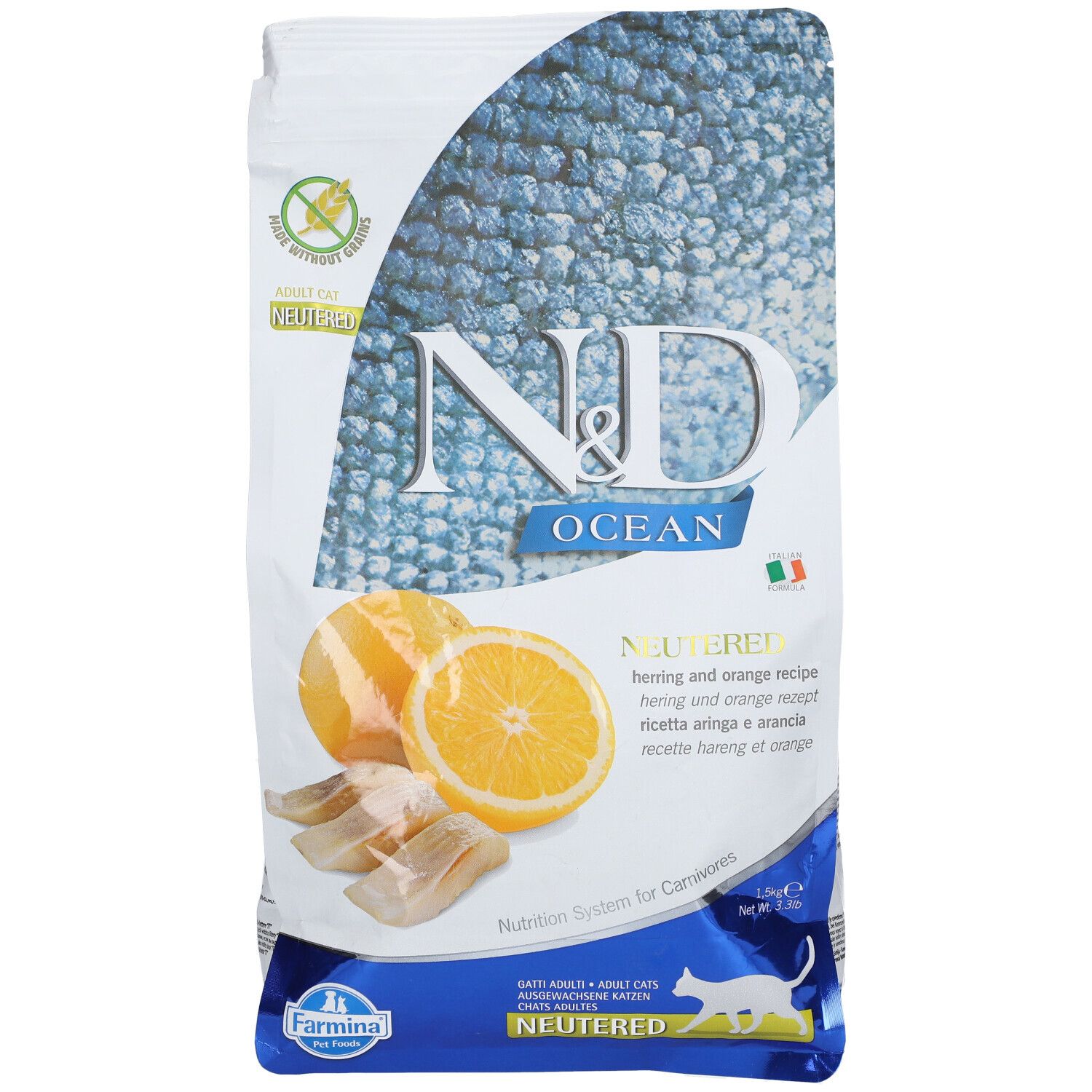 Trockenfutterverpackung. N&D Ocean, Hering & Orange. Abbildung von Orangen und Fisch. Neutered-Logo.