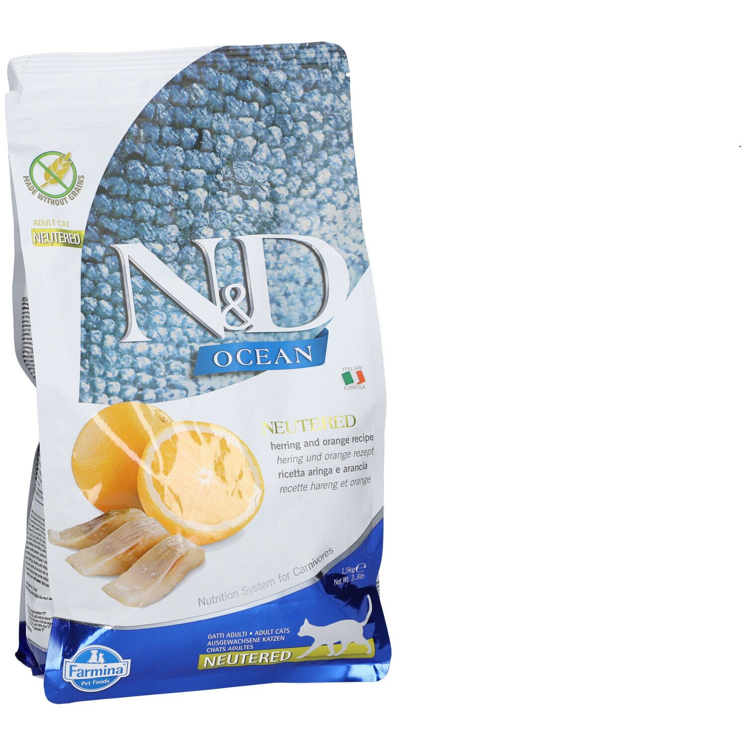Trockenfutterverpackung. N&D Ocean, Hering & Orange. Abbildung von Orangen und Fisch. Neutered-Logo.