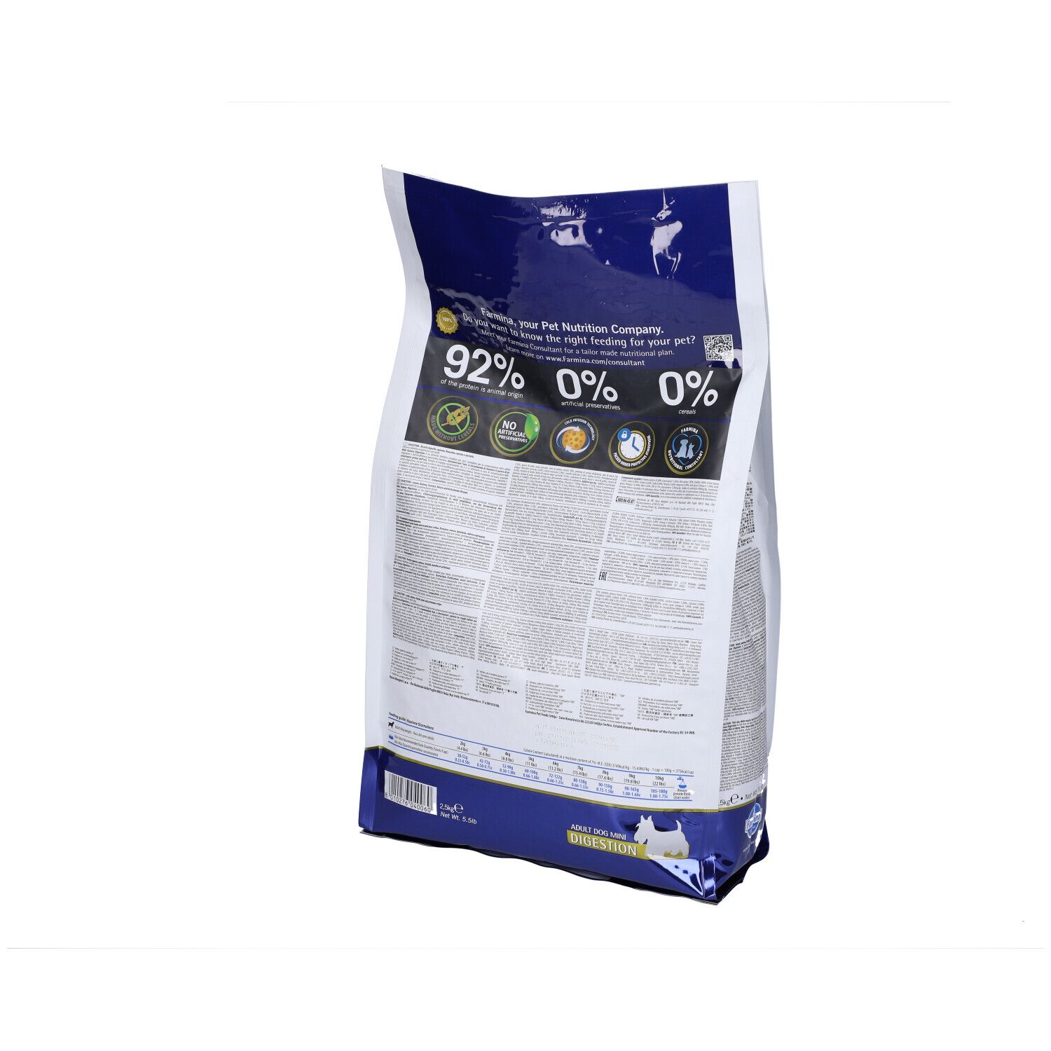 Rückseite des Trockenfutter-Beutels. Text: 92% tierischen Ursprungs, 0% Getreide, 0% künstliche Konservierungsstoffe. Text in mehreren Sprachen.