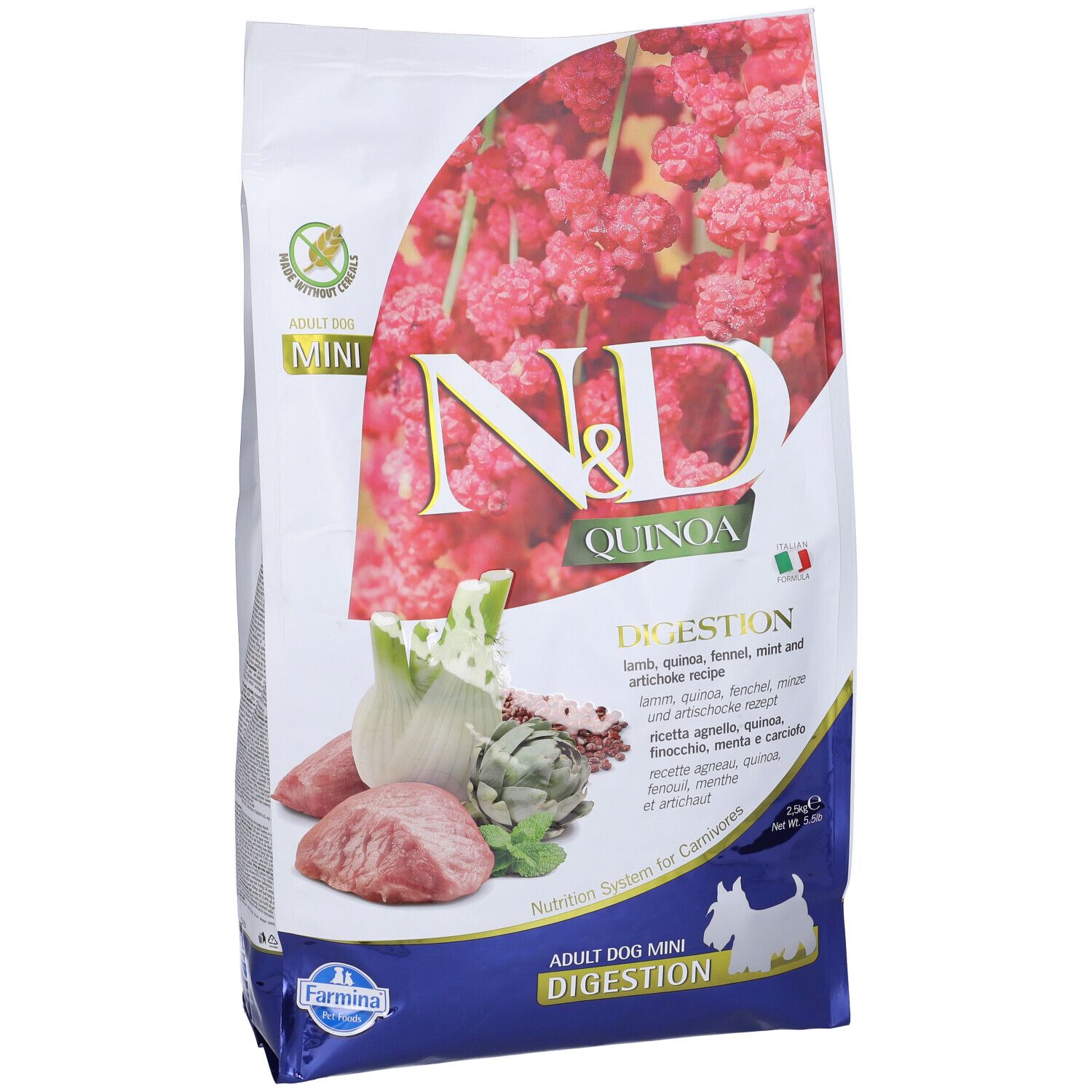Trockenfutter-Beutel. Aufdruck: N&D Quinoa, Digestion, Lamm Adult Mini. Abbildung von Zutaten: Lamm, Fenchel, Artischocke. Farmina Logo.