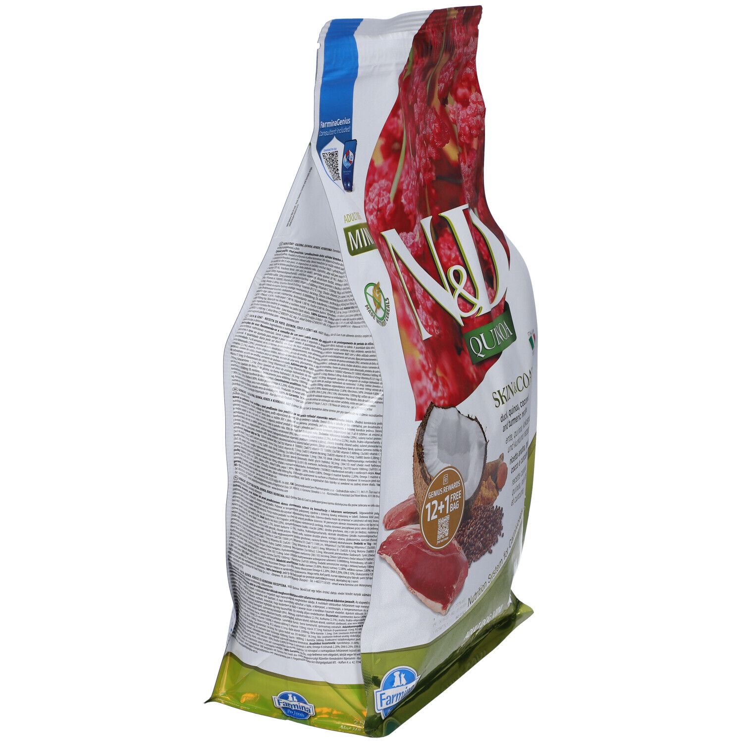 Seitenansicht des Hundefutterbeutels N&D Quinoa, Ente, Skin & Coat. Sichtbar: Text und Abbildungen von Zutaten.