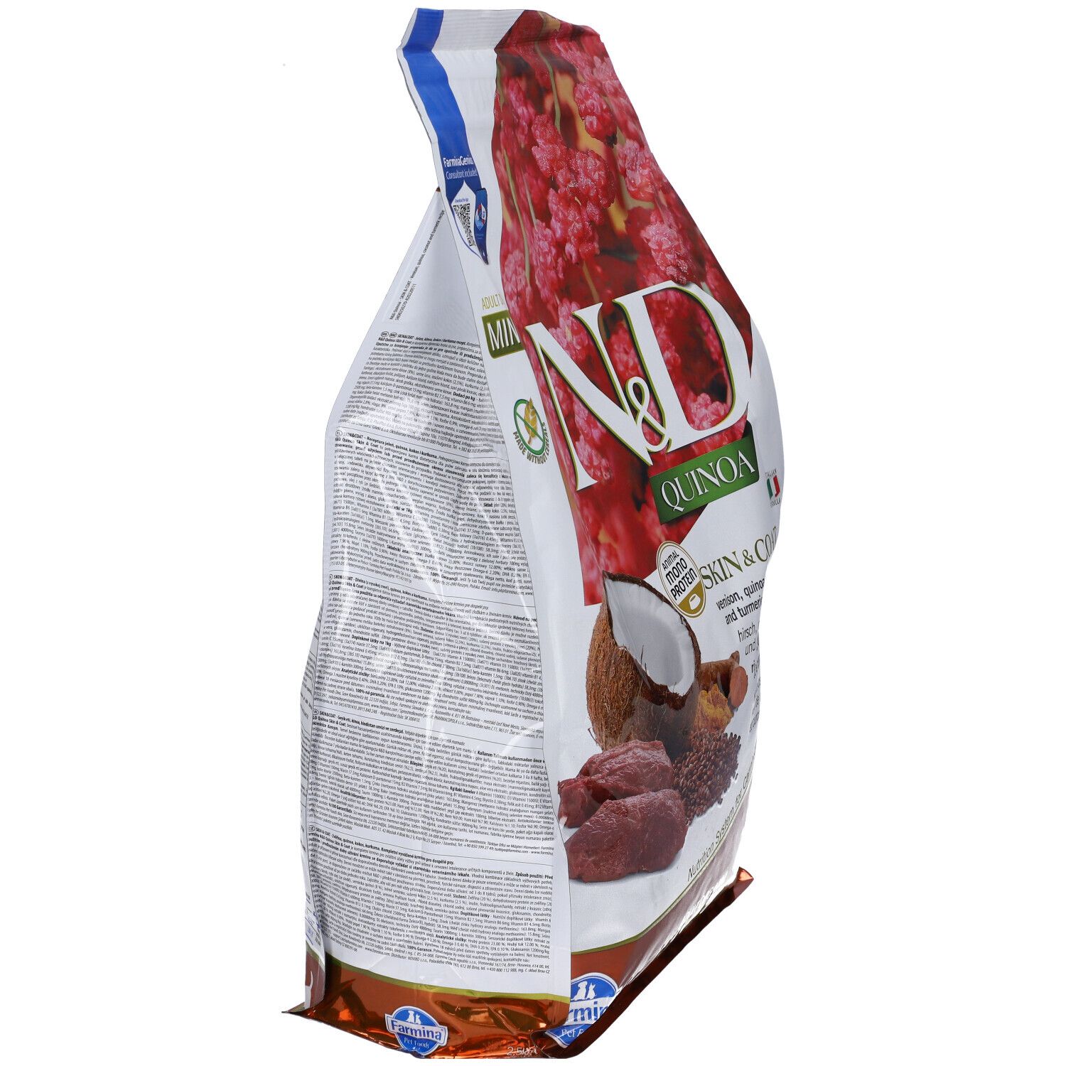 Hundefutterbeutel N&D Quinoa Skin & Coat. Seitenansicht. Text und Abbildungen von Zutaten wie Kokosnuss und Fleisch.