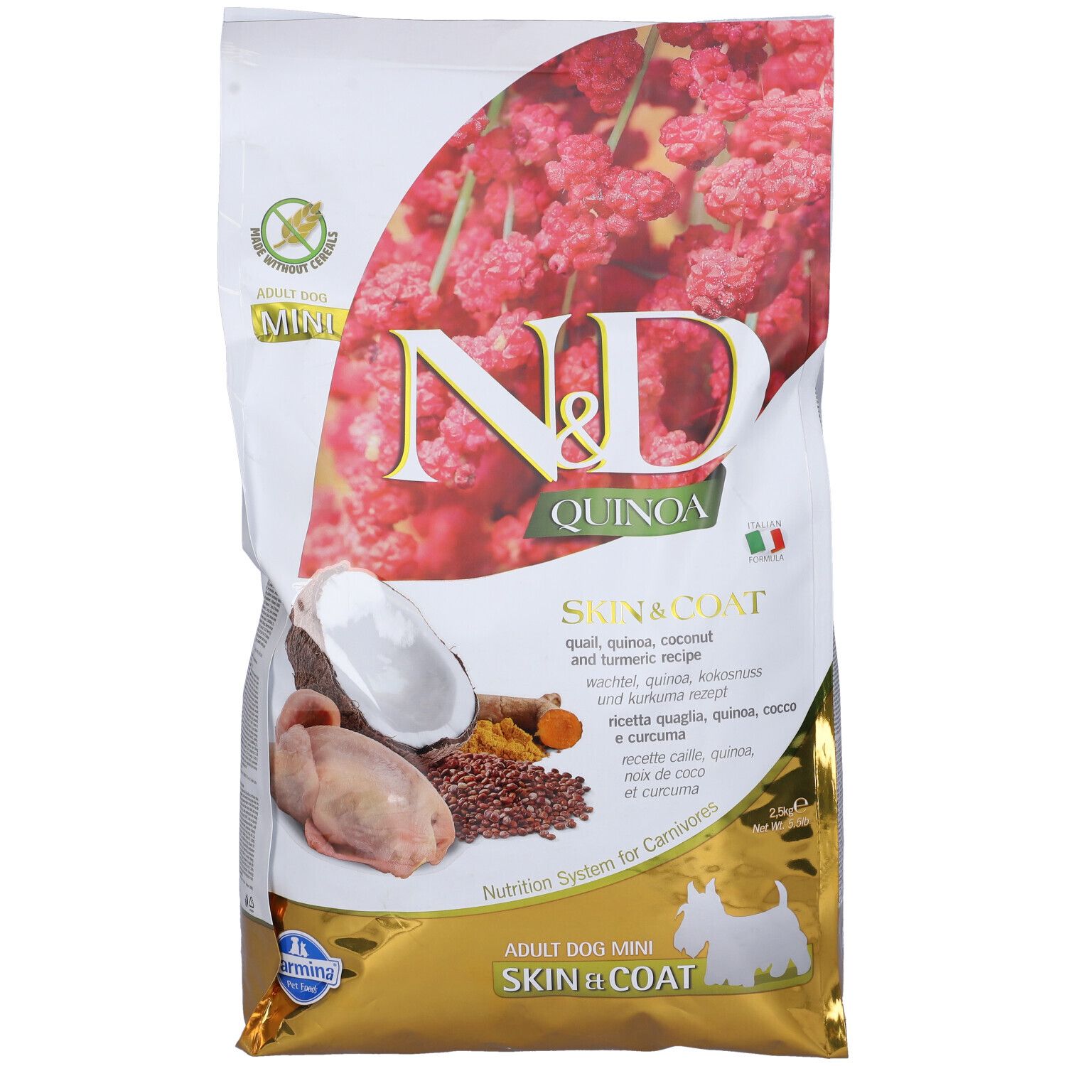 Trockenfutterverpackung. Aufschrift: N&D Quinoa Skin & Coat. Abbildung von Zutaten: Wachtel, Kokosnuss, Kurkuma.