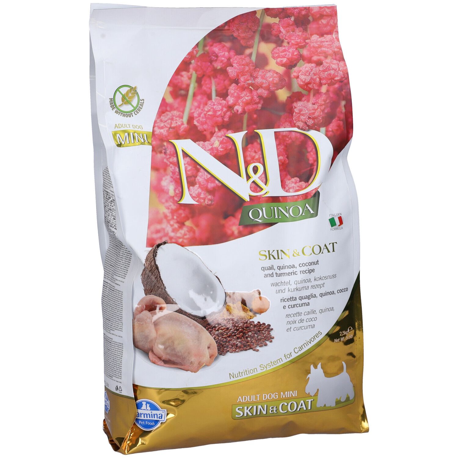 Trockenfutterverpackung. Aufschrift: N&D Quinoa Skin & Coat. Abbildung von Zutaten: Wachtel, Kokosnuss, Kurkuma.