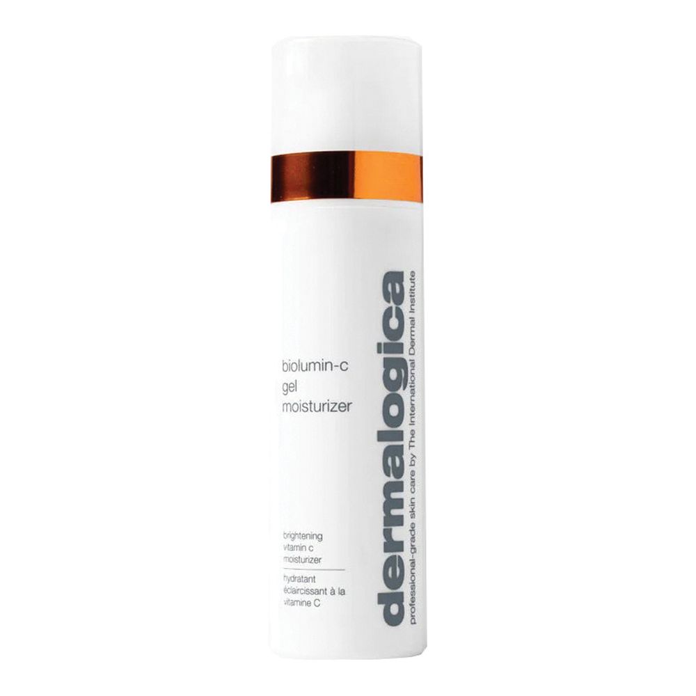Weiße Flasche mit goldfarbenem Ring. Aufschrift: biolumin-c gel moisturizer, Dermalogica. Enthält Vitamin C.