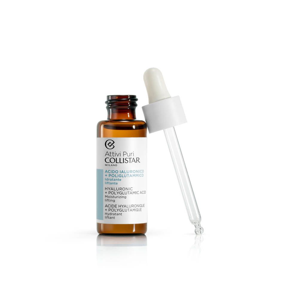 Braune Glasflasche mit weißer Pipette daneben. Aufschrift: Collistar, Acido Ialuronico + Poliglutammico.