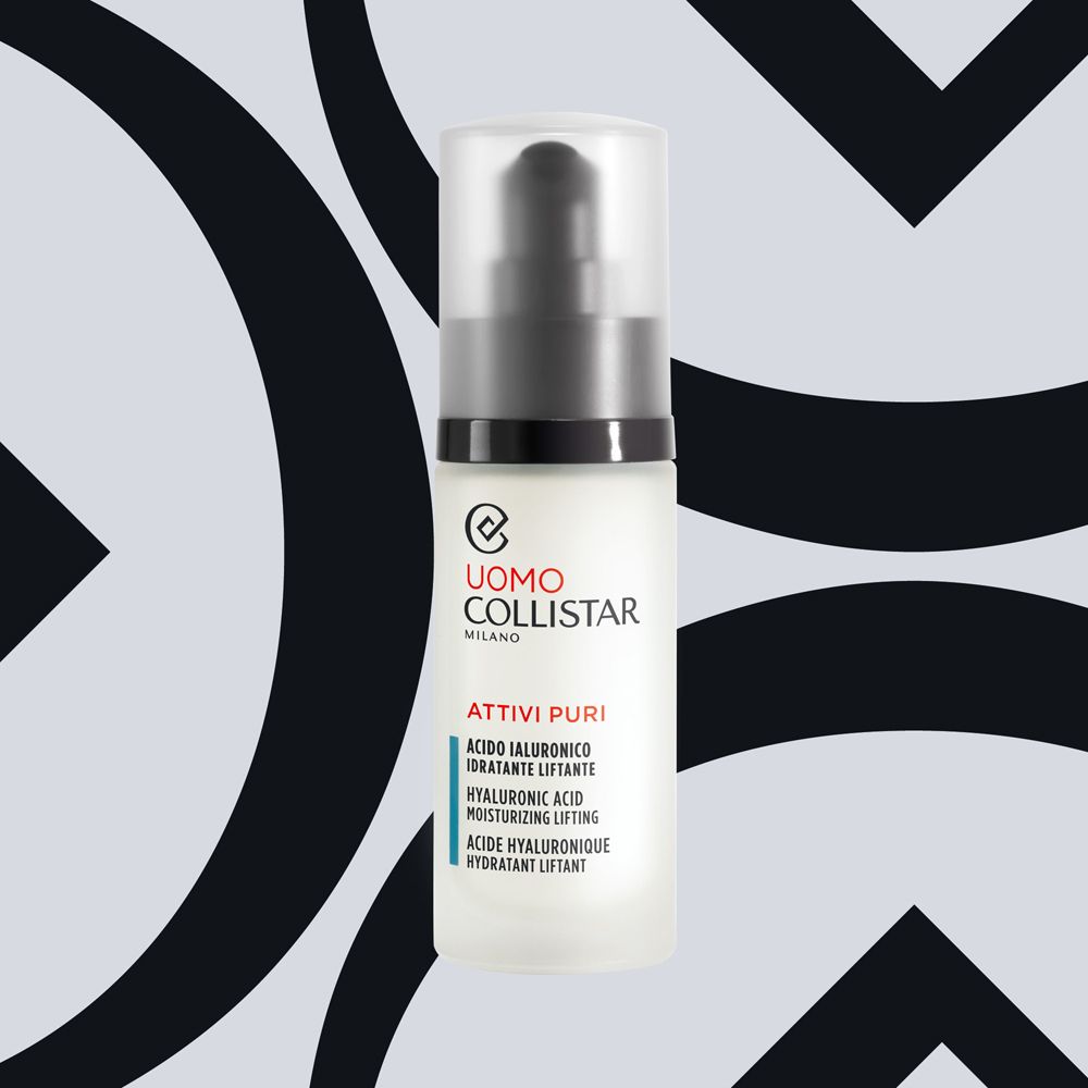Collistar Uomo Hyaluronsäure Serum vor abstraktem Hintergrund.
