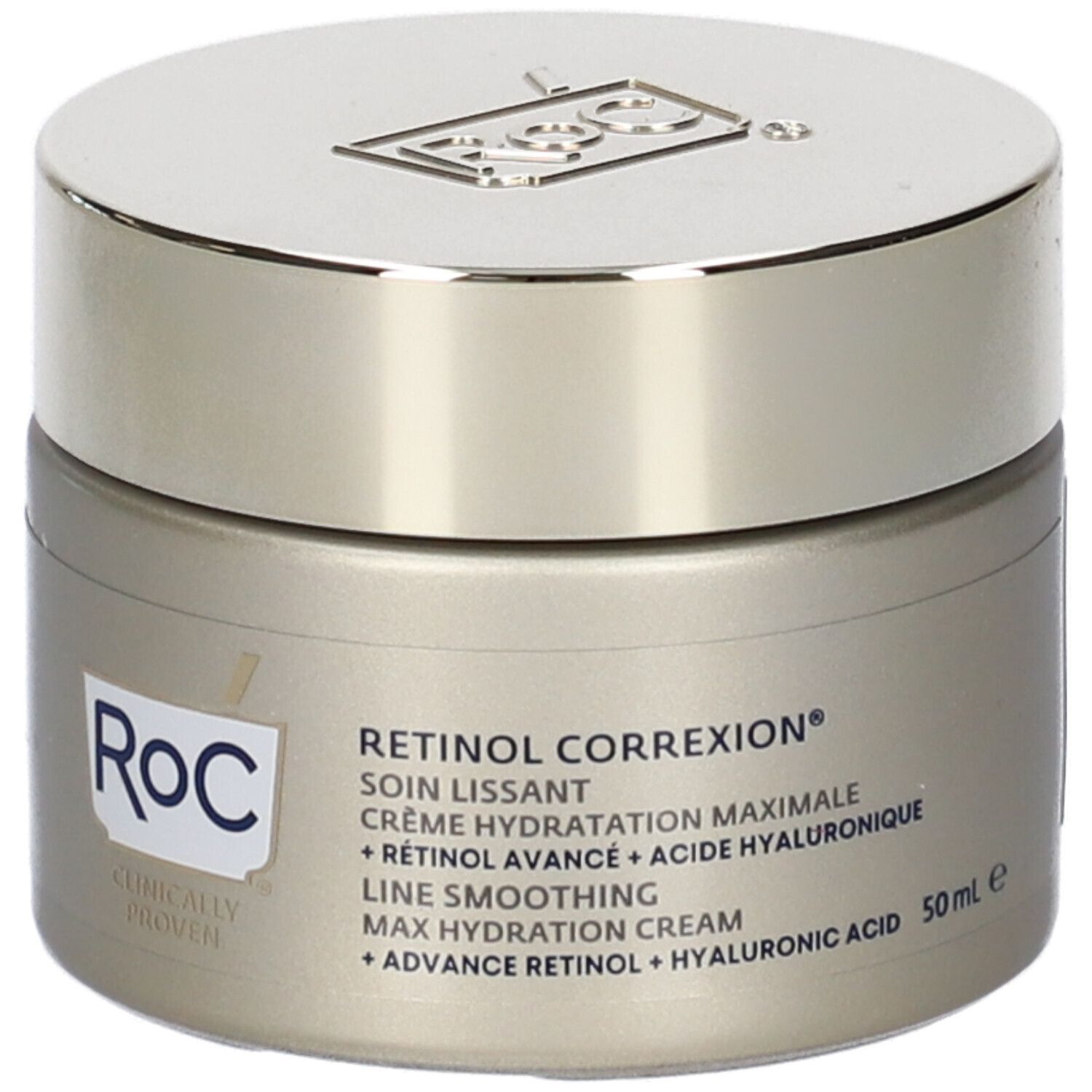 Cremebehälter mit Deckel. Aufschrift: Retinol Correxion, Creme Hydratation Maximale, 50 ml. Marke: RoC.