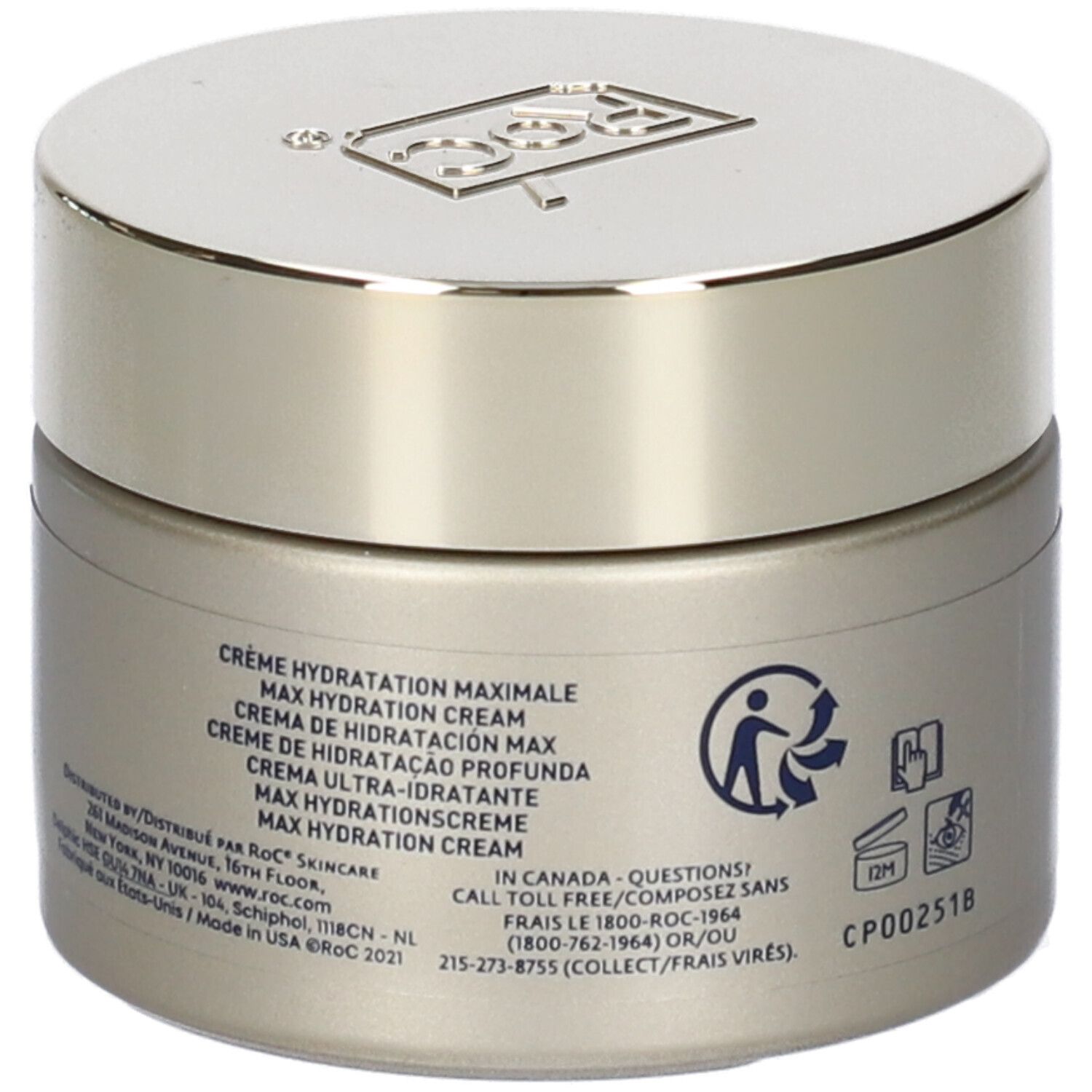 Cremebehälter mit Deckel. Aufschrift: Crème Hydratation Maximale. Auf der Rückseite sind Text und Symbole abgebildet.