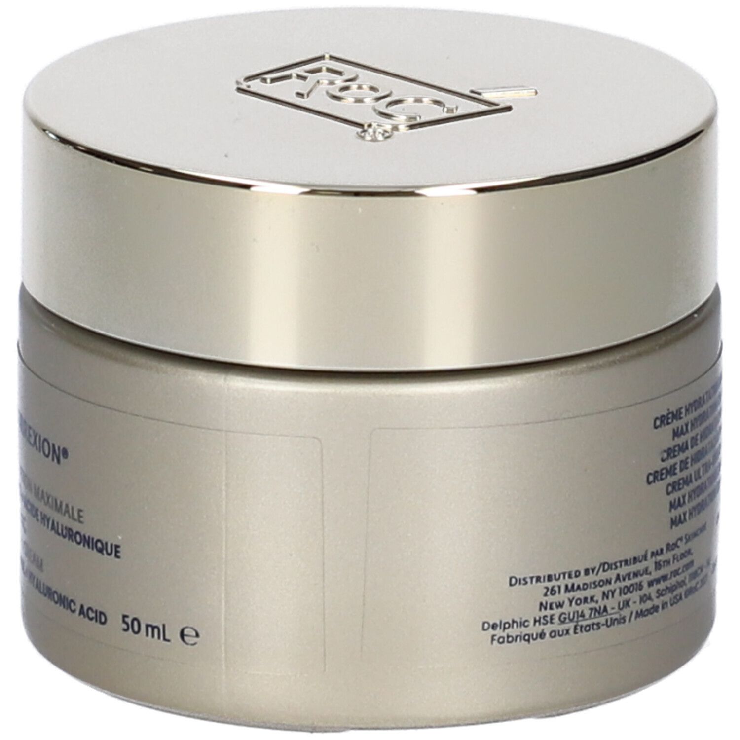 Cremebehälter mit Deckel. Aufschrift: Crème Hydratation Maximale, 50 ml. Marke: RoC.