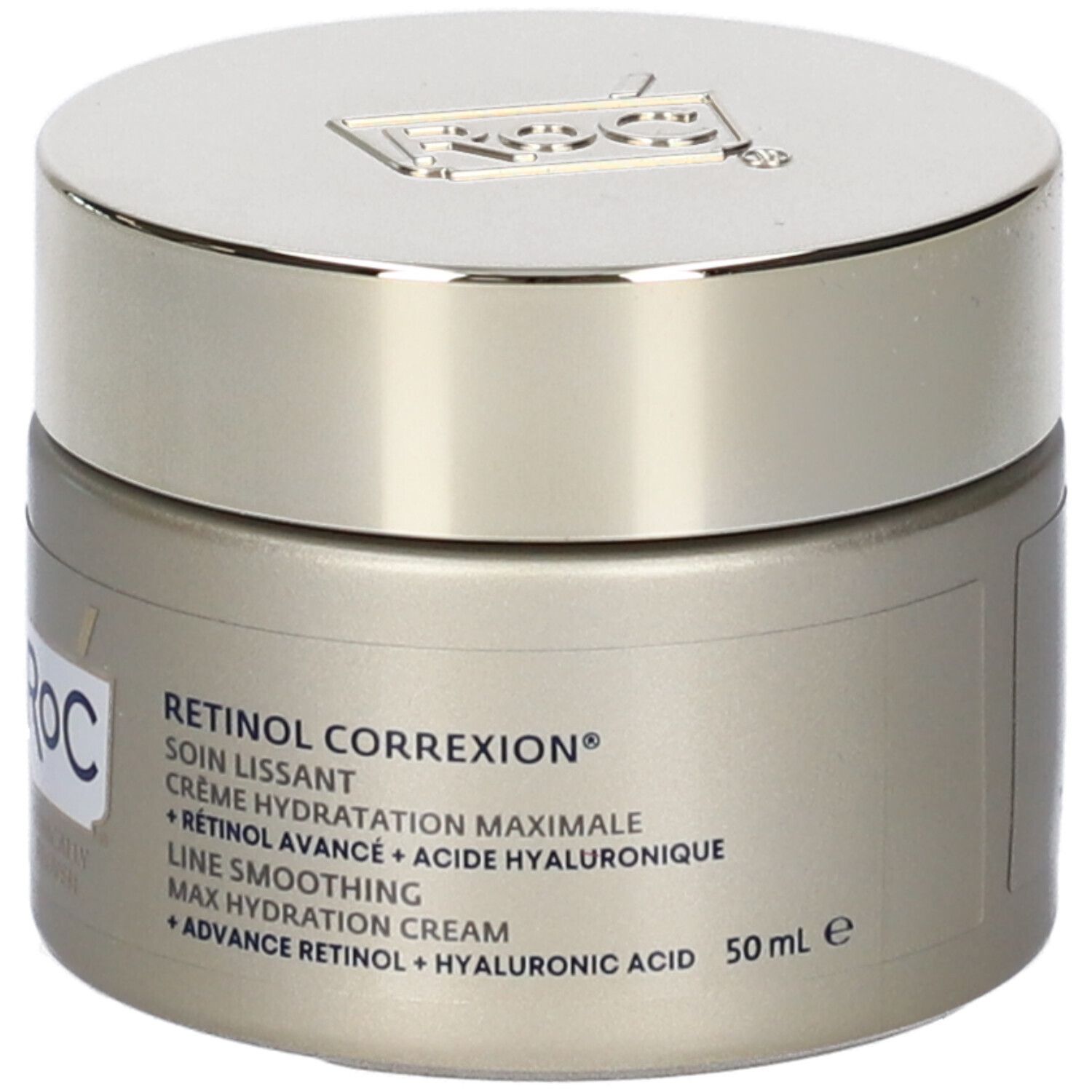Cremebehälter mit Deckel. Aufschrift: Retinol Correxion, Creme Hydratation Maximale, 50 ml. Marke: RoC.