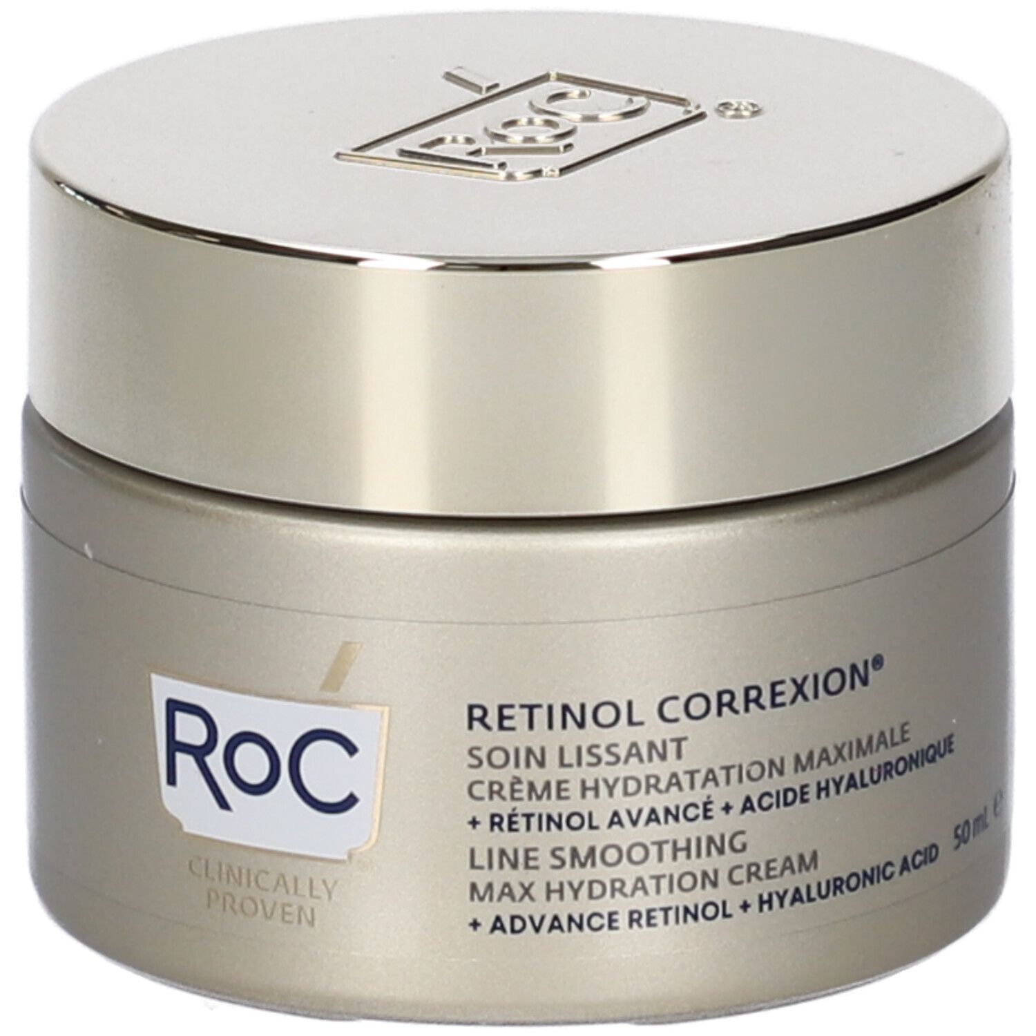 Cremebehälter mit Deckel. Aufschrift: Retinol Correxion, Creme Hydratation Maximale, 50 ml. Marke: RoC.