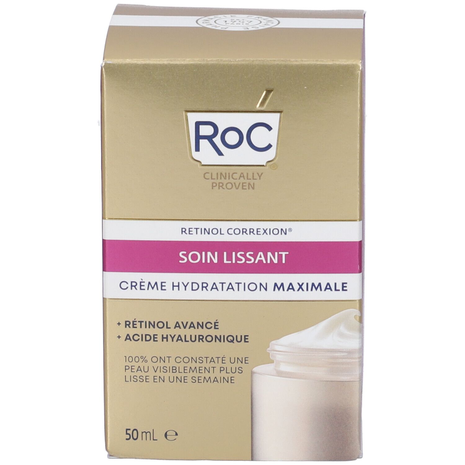 Kartonverpackung mit Aufschrift: Retinol Correxion, Creme Hydratation Maximale, 50 ml. Marke: RoC.