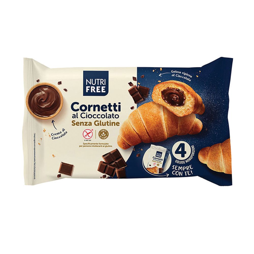 Verpackung mit glutenfreien Cornetti Cioccolato. Zeigt das Produkt und Zutaten. 4 Stück.