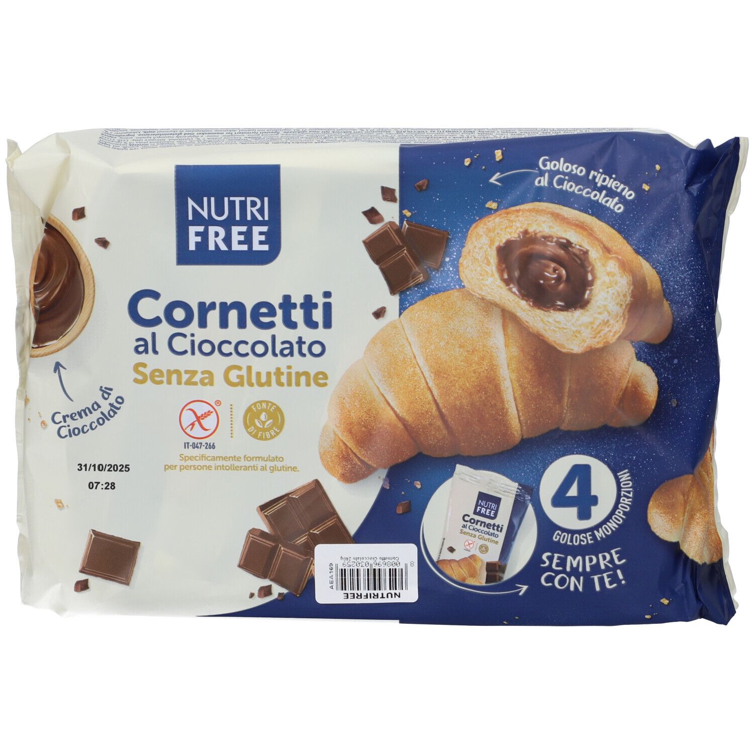 Verpackung mit glutenfreien Cornetti Cioccolato. Produkt und Zutaten sichtbar. 4 Stück.