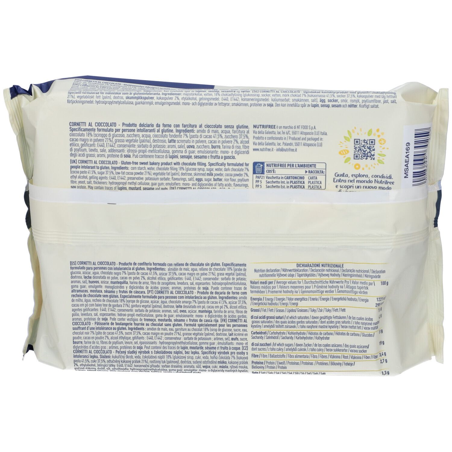 Rückseite der Verpackung mit Informationen zu glutenfreien Cornetti Cioccolato. Text und Nährwertangaben.
