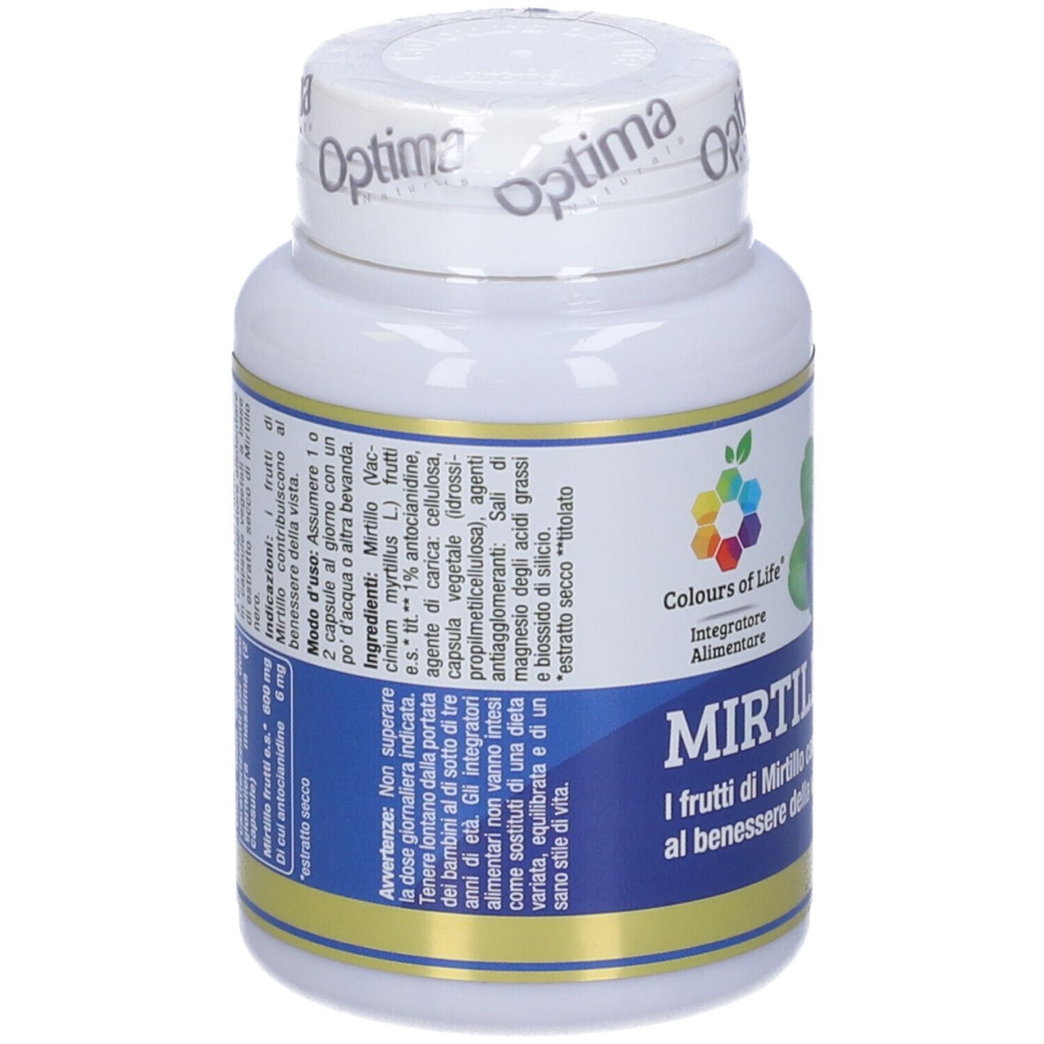 Weiße Flasche mit Optima-Siegel. Aufkleber mit Text und Logo Colours of Life. Rückseite mit Inhaltsstoffen und Gebrauchsanweisung.