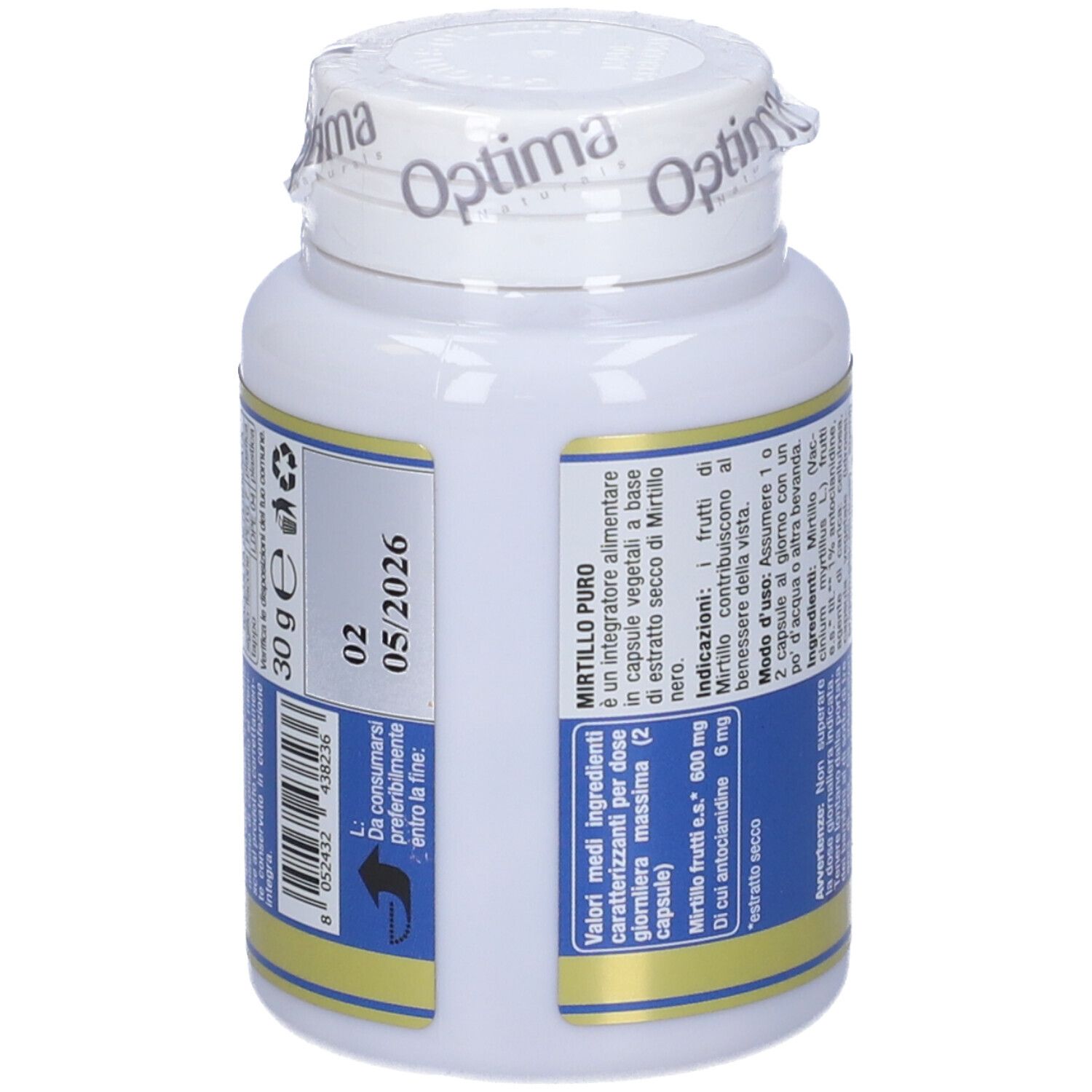 Weiße Flasche mit Optima-Siegel. Aufkleber mit Text und Logo Colours of Life. Rückseite mit Inhaltsstoffen, Mindesthaltbarkeitsdatum.