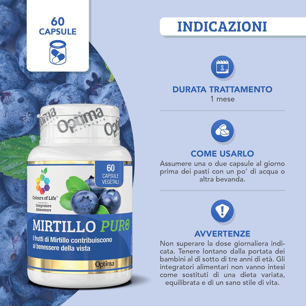 Flasche mit 60 vegetarischen Kapseln, Mirtillo Puro, mit Blaubeerabbildung und Hinweisen.
