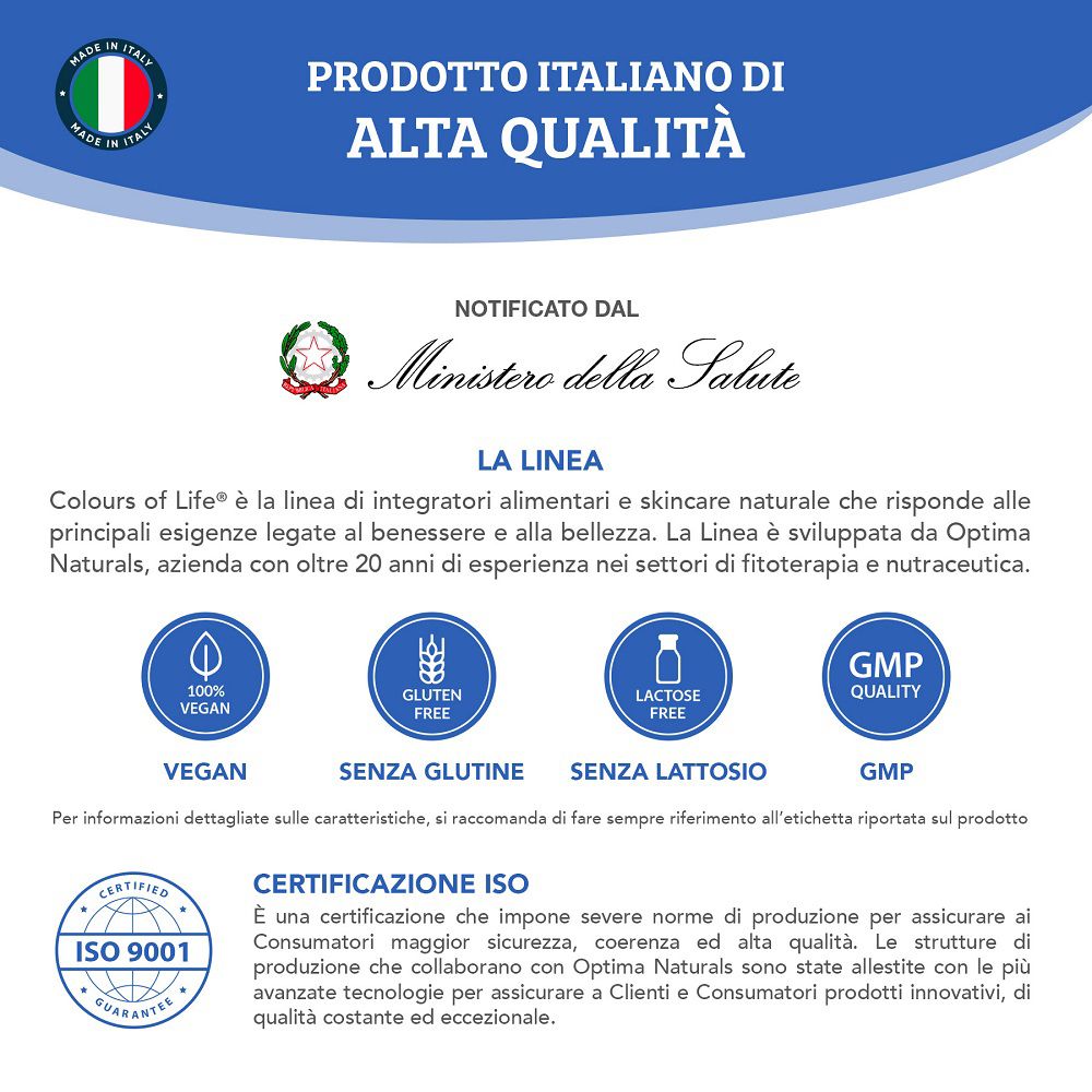 Produktinformationen: Italienisches Qualitätsprodukt, Vegan, Glutenfrei, Laktosefrei, GMP, ISO 9001.