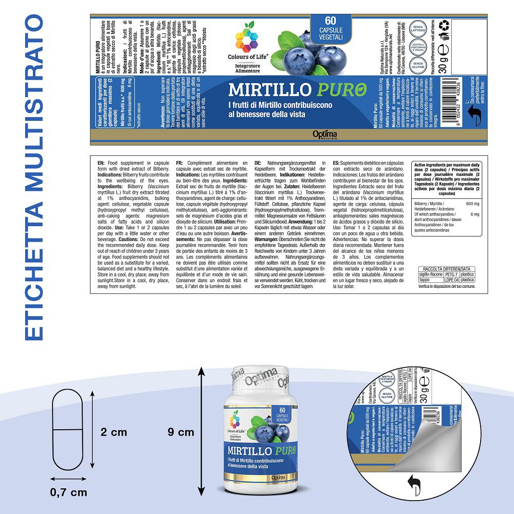 Etikett mit Produktinformationen, Inhaltsstoffen und Dosierungsanleitung für Mirtillo Puro.